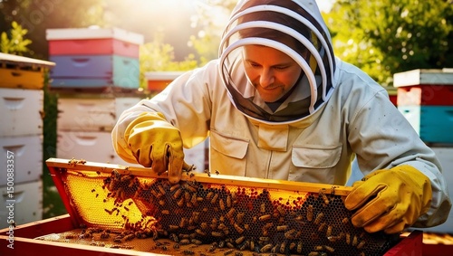 Beekeeper Inspecting Honeycomb in Apiary with Protective Gear