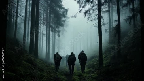 back view of soldiers walking in the forest with copy space