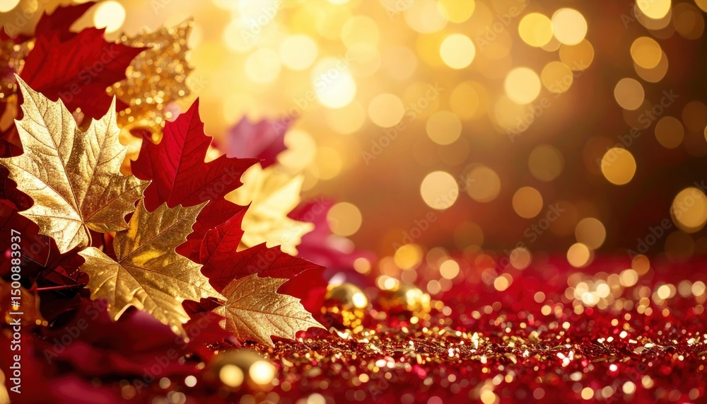 Fototapeta premium Golden maple leaves rest on a glitte red surface creating fall feeling.