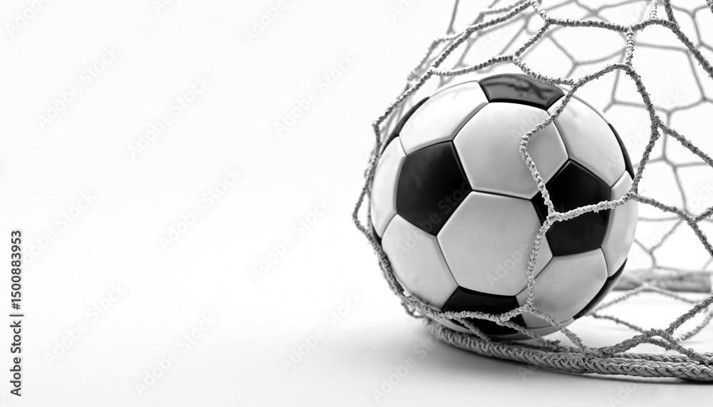 Naklejka premium Soccer ball scoring a goal in net. Black, white soccer ball in goal net on white background. Football game sport competition success, victory concept.