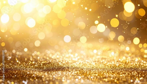 Golden glittery bokeh background with glowing lights creates festive mood.