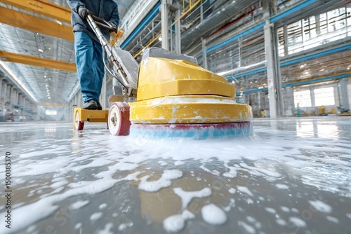 Industrial worker cleaning the factory floor with a specialized cleaning machine, generating foam and ensuring the surface remains shiny and immaculate while maintaining hygiene standards
