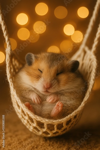 Adorable hamster sleeping in a cozy knitted hammock with warm golden lights