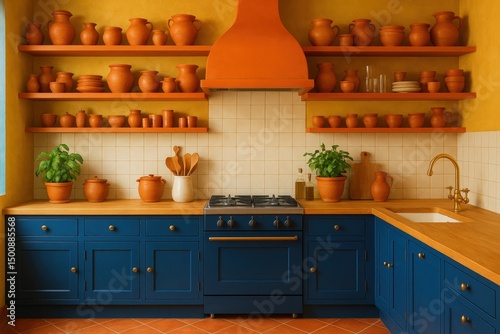 Wallpaper Mural Rustic kitchen with orange pots and blue cabinets Torontodigital.ca
