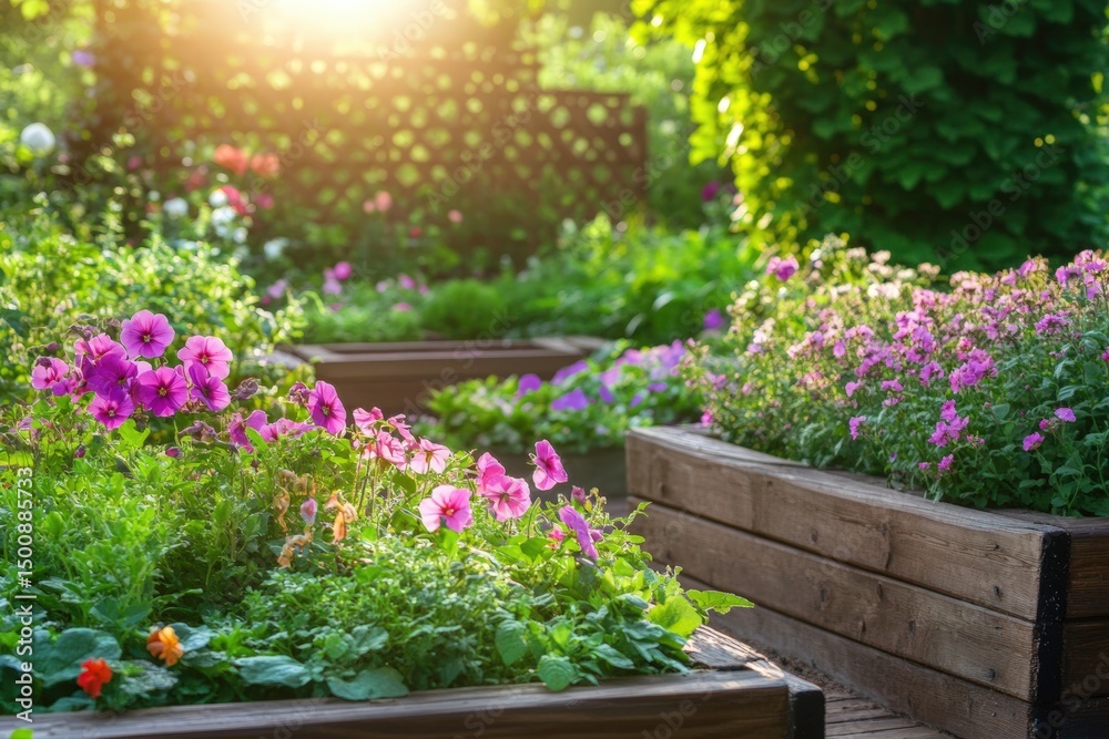 Fototapeta premium Serene backyard garden with lush vegetation and raised flower beds in sunlit setting