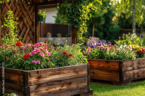 Serene backyard garden with lush raised flower beds