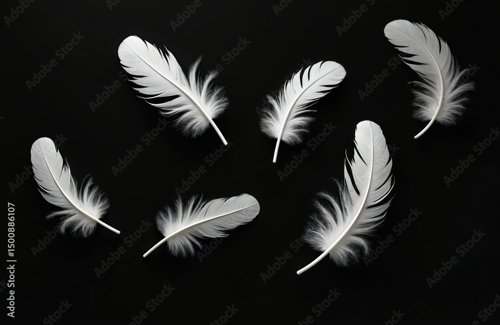 Obraz premium White feathers on black background. Soft fluffy bird feathers, symbol freedom, peace, purity. Lightness concept. Angelic feathers. Minimalist monochrome photo. Abstract art concept for design.