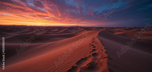 A dramatic desert scene with undulating orange dunes stretching into the horizon. Footprints trail along dune ridges, and the sky transitions from fiery sunset tones to a deep indigo twilight.