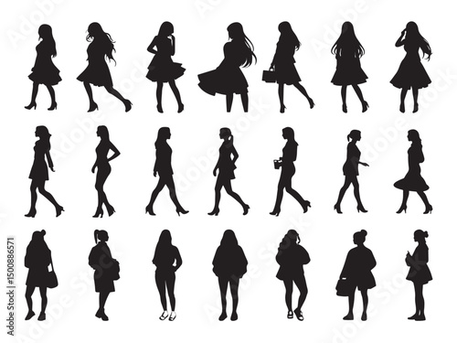 Set of group girl silhouette different pose