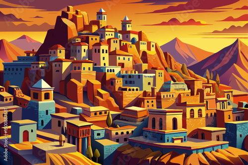 Middle East village on mountains at sunset time landscape 