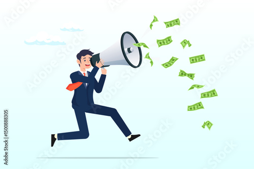 Businessman talk on megaphone money banknotes, referral marketing, investment or profit opportunity, salesman or marketing campaign promotion, financial announcement, advertising or savings concept