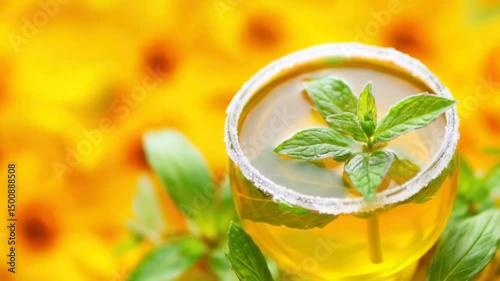 A glass cup of tea with fresh mint leaves,  topped with sugar