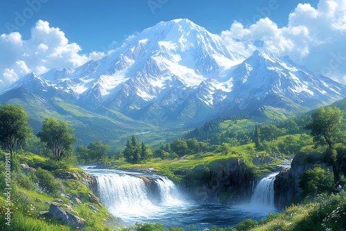Majestic Mountain Landscape with Cascading Waterfalls and Clear Blue Sky for Nature Posters