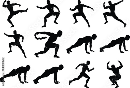 Running and Gym Workout Silhouette Vector Collection Fitness Movement Illustration Set.