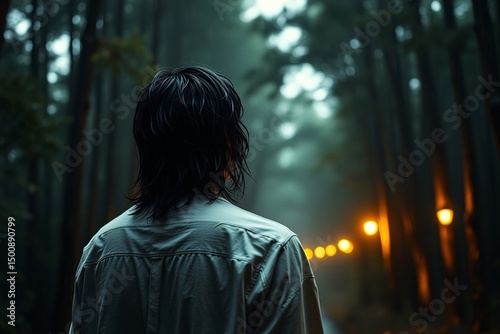 person standing in a mystic forest with warm lights