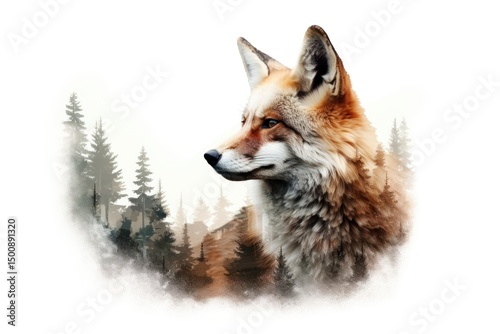 Fototapeta Naklejka Na Ścianę i Meble -  Double exposure photography fox and forest wildlife animal mammal.