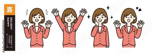 サプライズに喜ぶ、女性会社員のベクターイラスト素材セット＿線幅の編集可能＿カラー