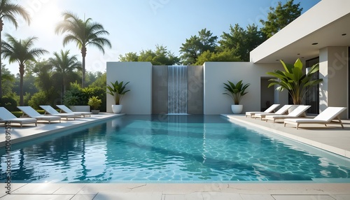 Luxury Resort Poolside Paradise  Tranquil Waterfall Oasis with Modern Design and Lush Tropical Surroundings