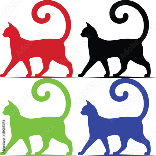A set of four cat silhouette illustrations in red, black, green, and blue, each walking with a curled tail, ideal for graphic design. Use these eye-catching, simple, and unique cat designs