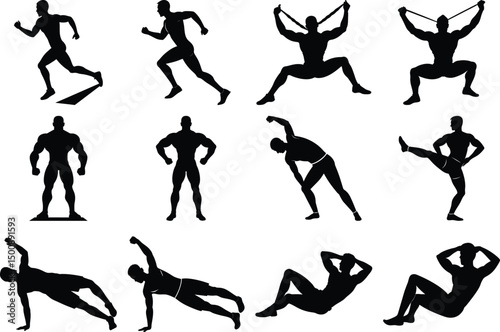 sports, and Gym Workout Pose running Silhouette Vector Bundle Fitness Athlete Design Set
