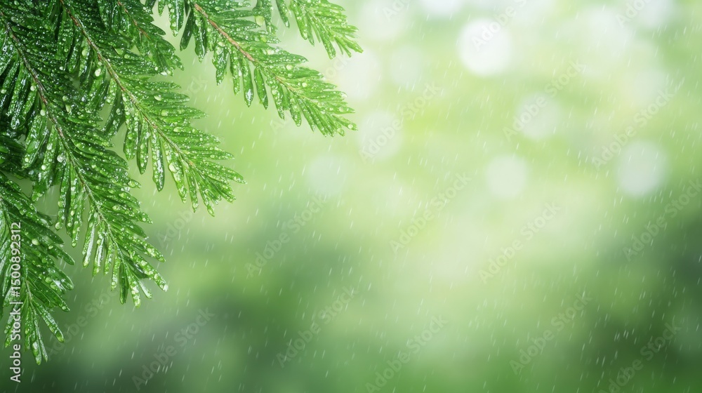Fresh Green Fir Branch with Raindrops Against Soft Blurred Background Fresh Green Fir Branch with Raindrops Against Soft Blurred Background