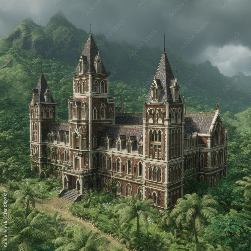 Fototapeta premium Grand, aged mansion nestled amidst dense jungle foliage, under a cloudy sky