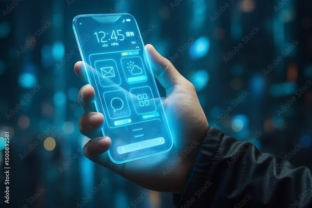 Close-up of hand holding transparent holographic smartphone in futuristic digital setting
