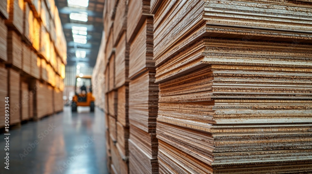 Obraz premium Stacked wood sheets, fork lift in blurred warehouse