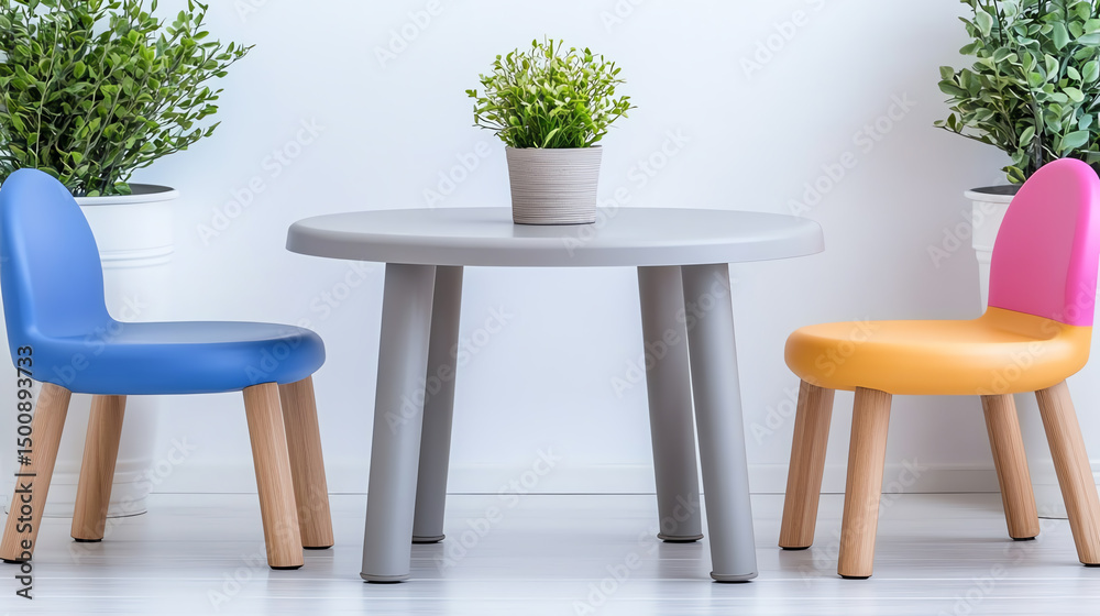 Fototapeta premium A playful, colorful children's table and chairs set with potted plants, perfect for brightening up any kids' playroom or nursery.