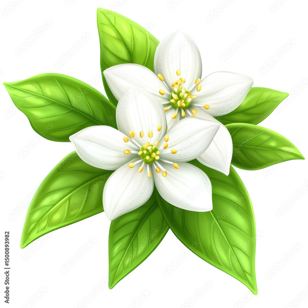 Obraz premium Two white flowers with lush green leaves (1)