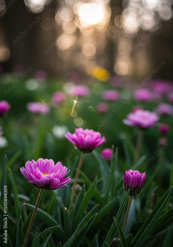 Obraz premium Photo of Pink Flowers Blooming with Green Leaves and Sunlight in a Garden