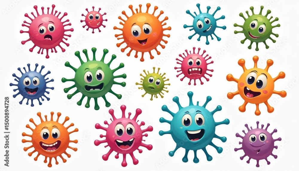 Fototapeta premium Set of funny cartoon microbes and viruses isolated on white background. Illustration ideal for kids. Educational materials for healthcare, science. Represents danger, illness, and infection concept.