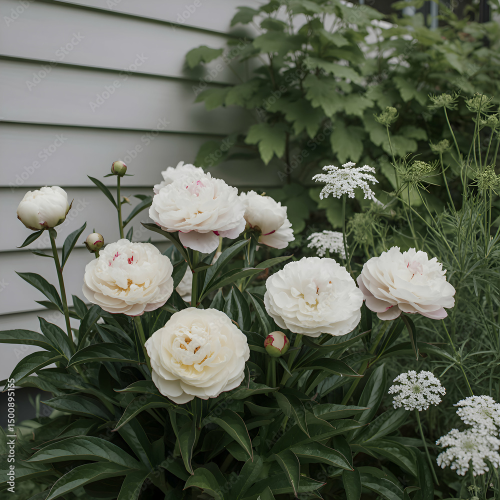 Fototapeta premium Blooming peonies gracefully adorn a garden amidst lush greenery on a serene morning Generative AI