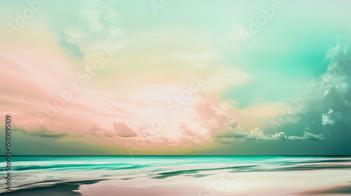 A serene beach landscape at sunset with vibrant colors reflecting on calm waters, creating a peaceful atmosphere. photo