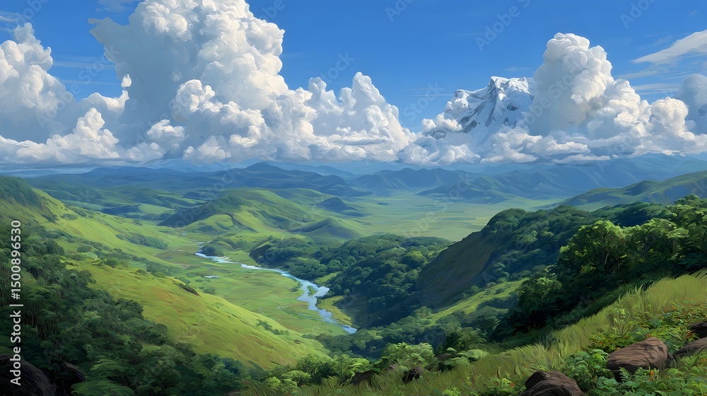 Naklejka premium Scenic mountain valley with lush green landscape and cloudy sky