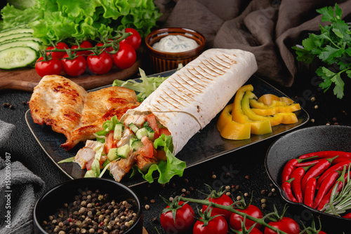 Tasty grilled chicken shawarma wrapped in flatbread with fresh vegetables and served with sauce and spices. Perfect for fast food ads, menus, or delivery services