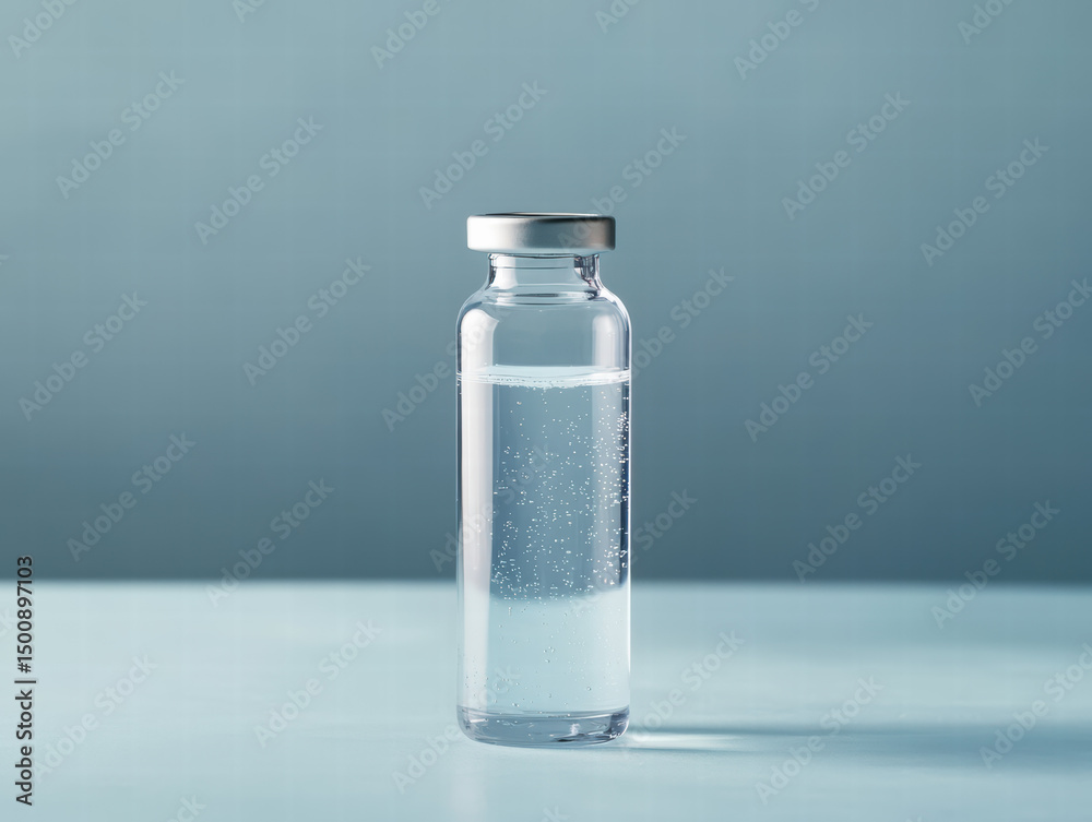 Vaccine Vial: A close-up shot showcases a sealed vaccine vial against a plain, minimal background. The vial is filled with a clear liquid. Vaccine Vial: A close-up shot showcases a sealed vaccine vial against a plain, minimal background. The vial is filled with a clear liquid.