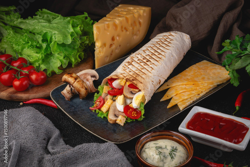 Delicious vegetarian wrap filled with grilled mushrooms, boiled egg, cheese, cherry tomatoes and lettuce. Served with sauces and fresh ingredients on a dark background