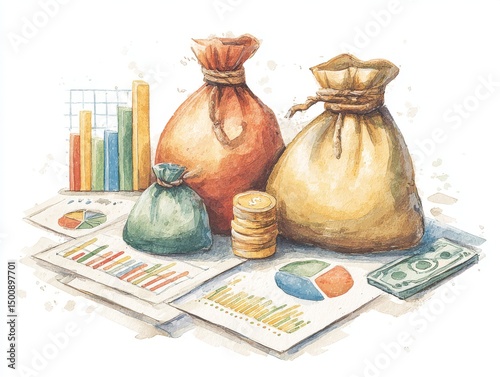 Colorful Illustration of Money Bags and Financial Charts with Coins