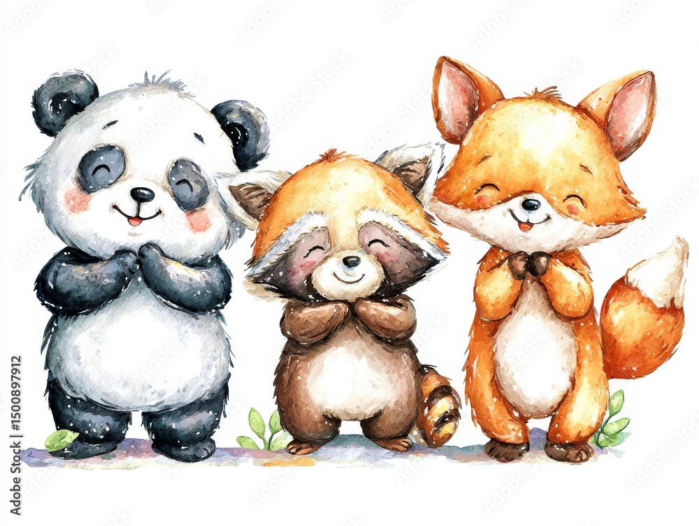 Cute Cartoon Animals: Panda, Raccoon and Fox Smiling Together Cute Cartoon Animals: Panda, Raccoon and Fox Smiling Together