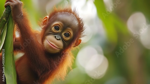 Baby orangutan portrait in forest