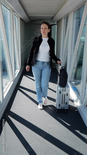 Slow-motion vertical front view of confident female traveler walking through airport jetway, pulling trolley suitcase with optimistic expression.