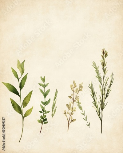 Vintage Botanical Illustration of Various Green Leaves and Herbs