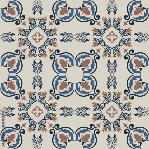 Seamless vintage damask floral tile design in blue and earthy tones, perfect for textile prints and home decor.