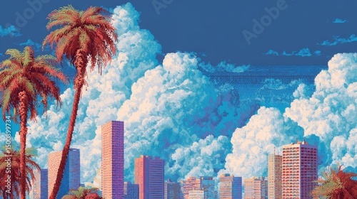 Wallpaper Mural Surreal dreamcore city with melting palm trees and pixelated clouds Torontodigital.ca