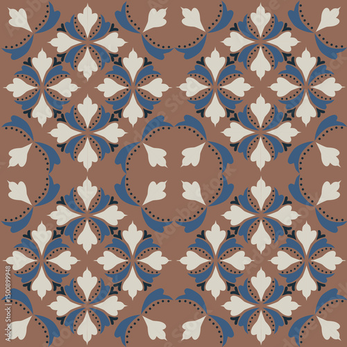 Seamless vintage damask floral tile design in blue and earthy tones, perfect for textile prints and home decor.