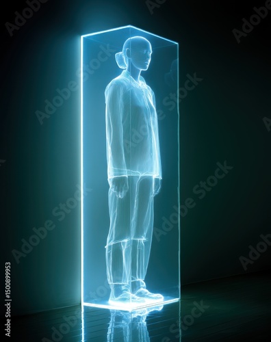 Figura luminescente etérea en recinto rectangular
