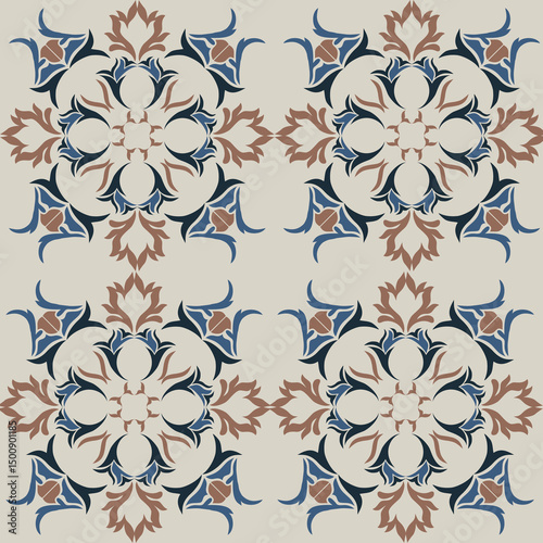 Seamless vintage damask floral tile design in blue and earthy tones, perfect for textile prints and home decor.