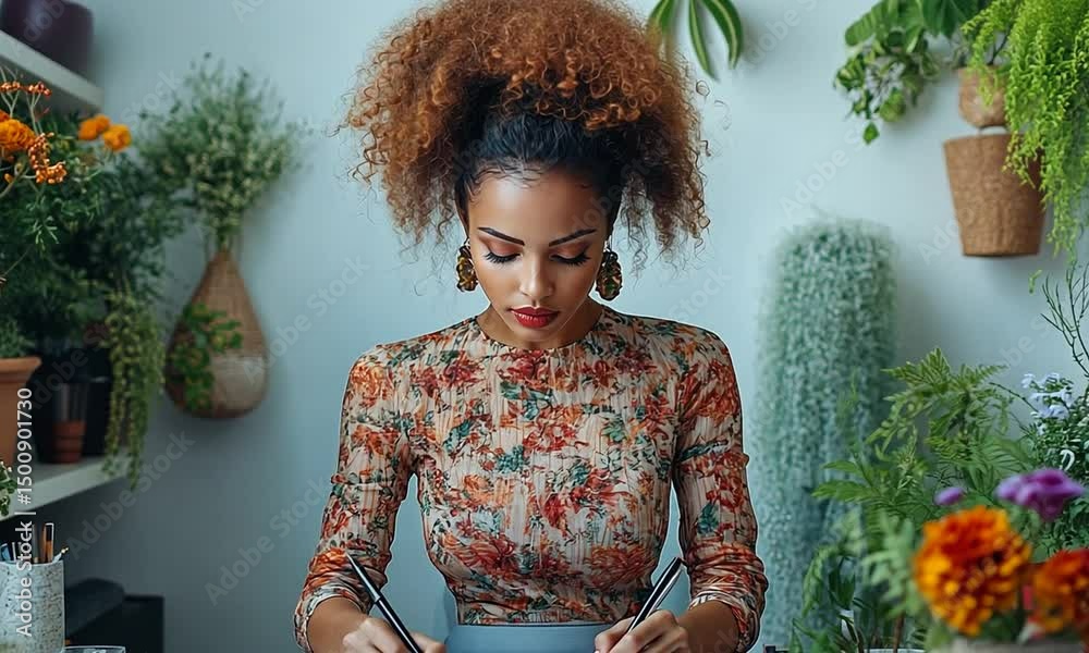 Young woman with curly hair sketches at a table surrounded by vibrant plants and flowers