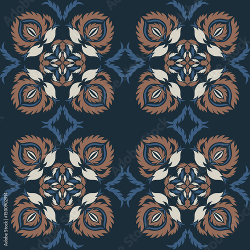 Seamless vintage damask floral tile design in blue and earthy tones, perfect for textile prints and home decor.